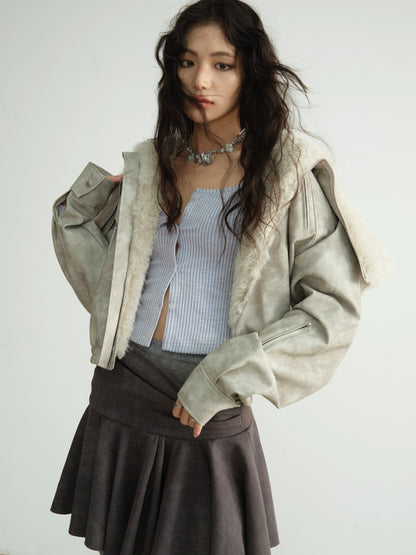 Washed Raw Edge Draped Short Skirt