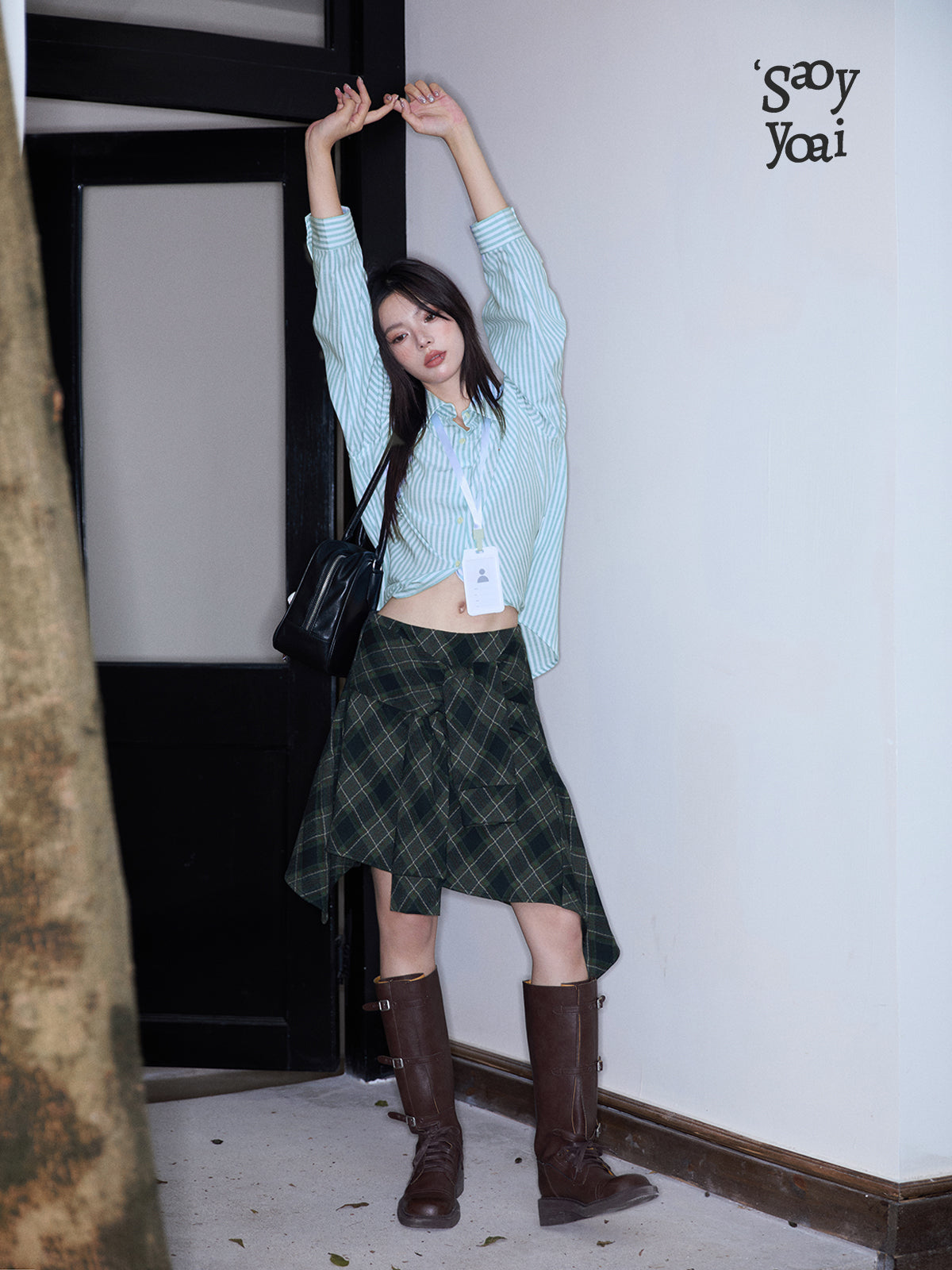 Faux Two-Piece Plaid Skirt With Asymmetric Hem