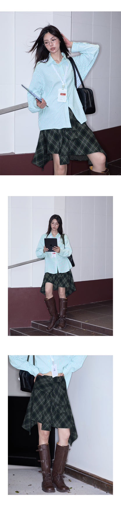 Faux Two-Piece Plaid Skirt With Asymmetric Hem