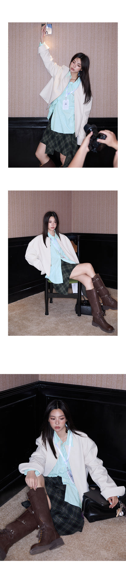 Faux Two-Piece Plaid Skirt With Asymmetric Hem
