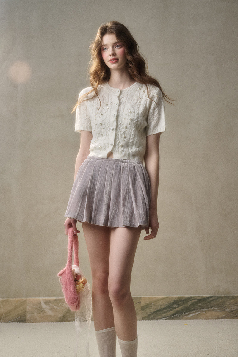 Cable Knit Short-Sleeve Top With Pearl Beads