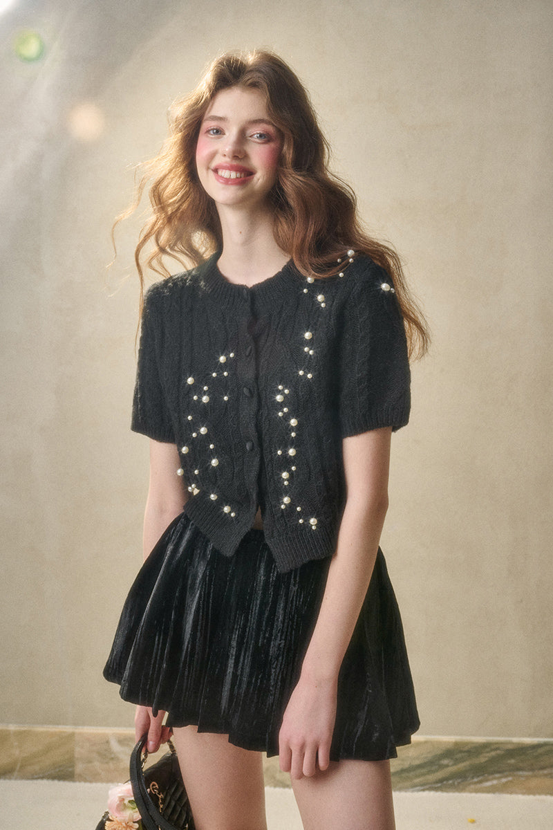 Cable Knit Short-Sleeve Top With Pearl Beads