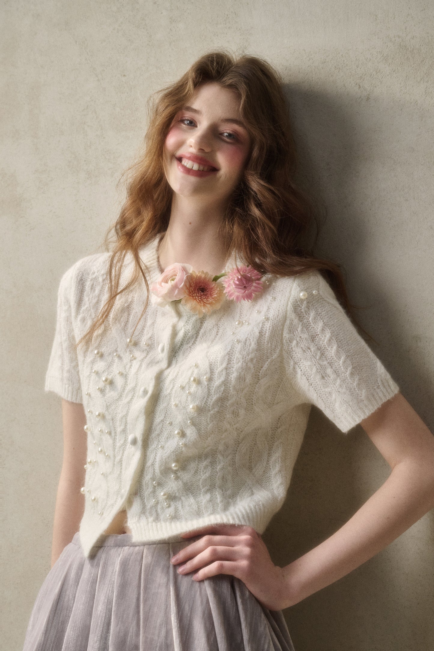 Cable Knit Short-Sleeve Top With Pearl Beads