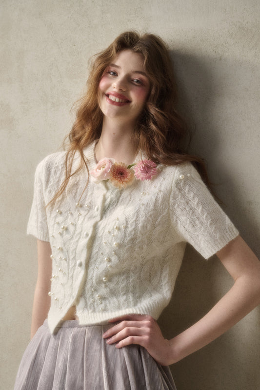 Cable Knit Short-Sleeve Top With Pearl Beads