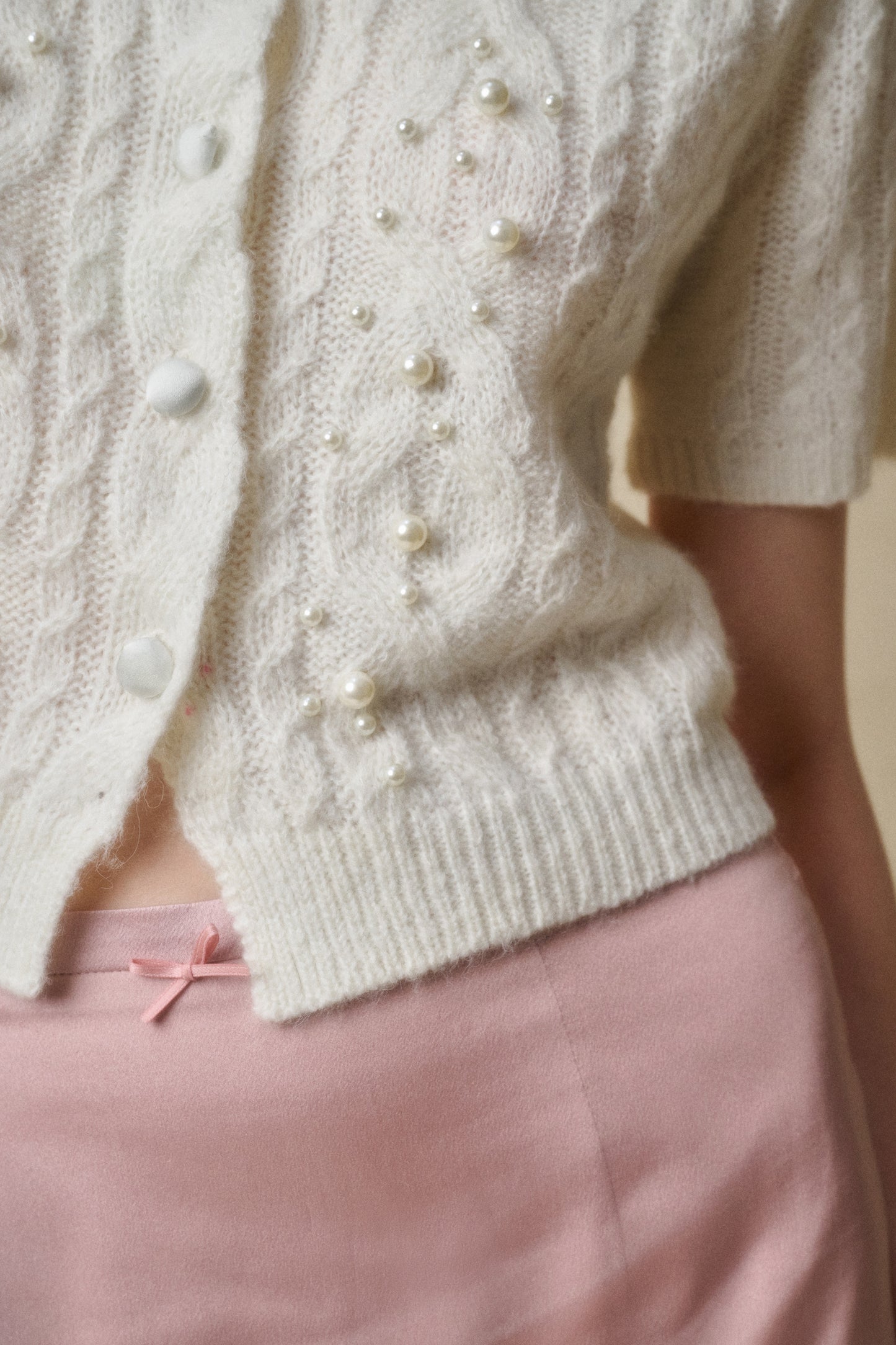 Cable Knit Short-Sleeve Top With Pearl Beads
