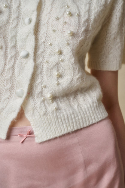 Cable Knit Short-Sleeve Top With Pearl Beads