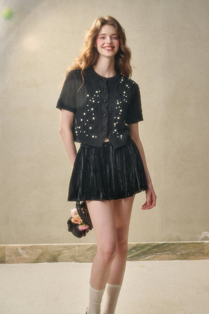 Cable Knit Short-Sleeve Top With Pearl Beads