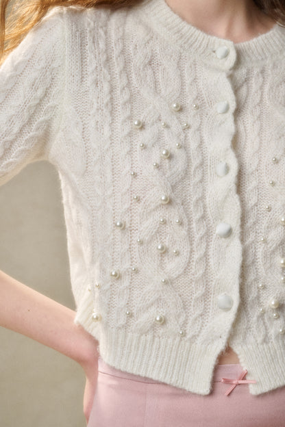 Cable Knit Short-Sleeve Top With Pearl Beads