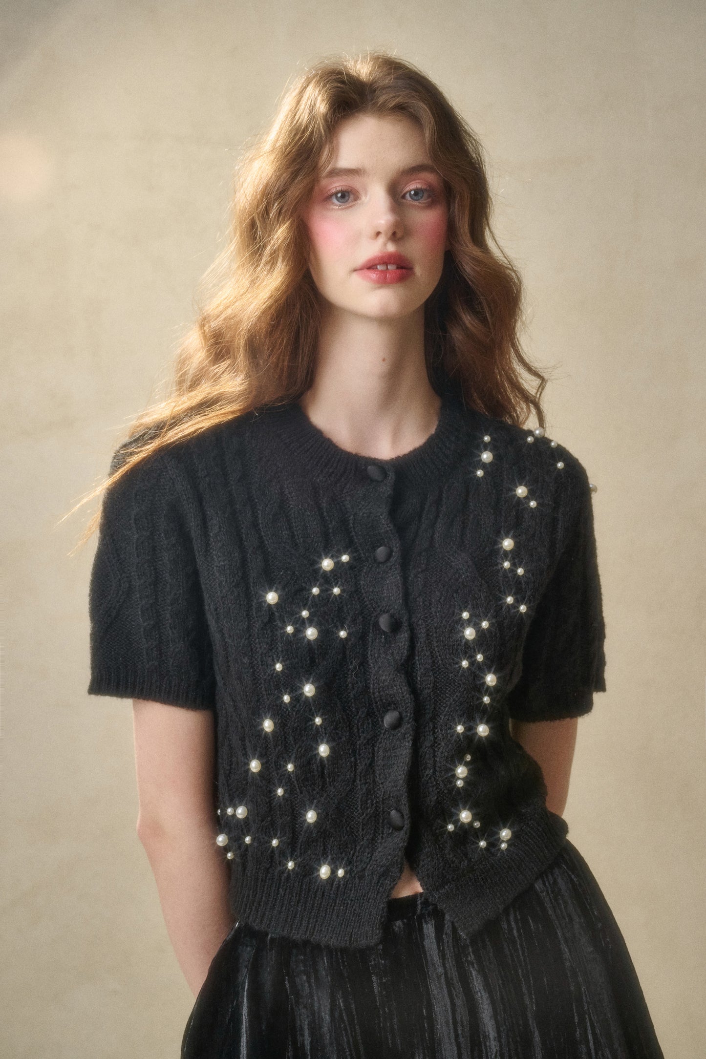 Cable Knit Short-Sleeve Top With Pearl Beads