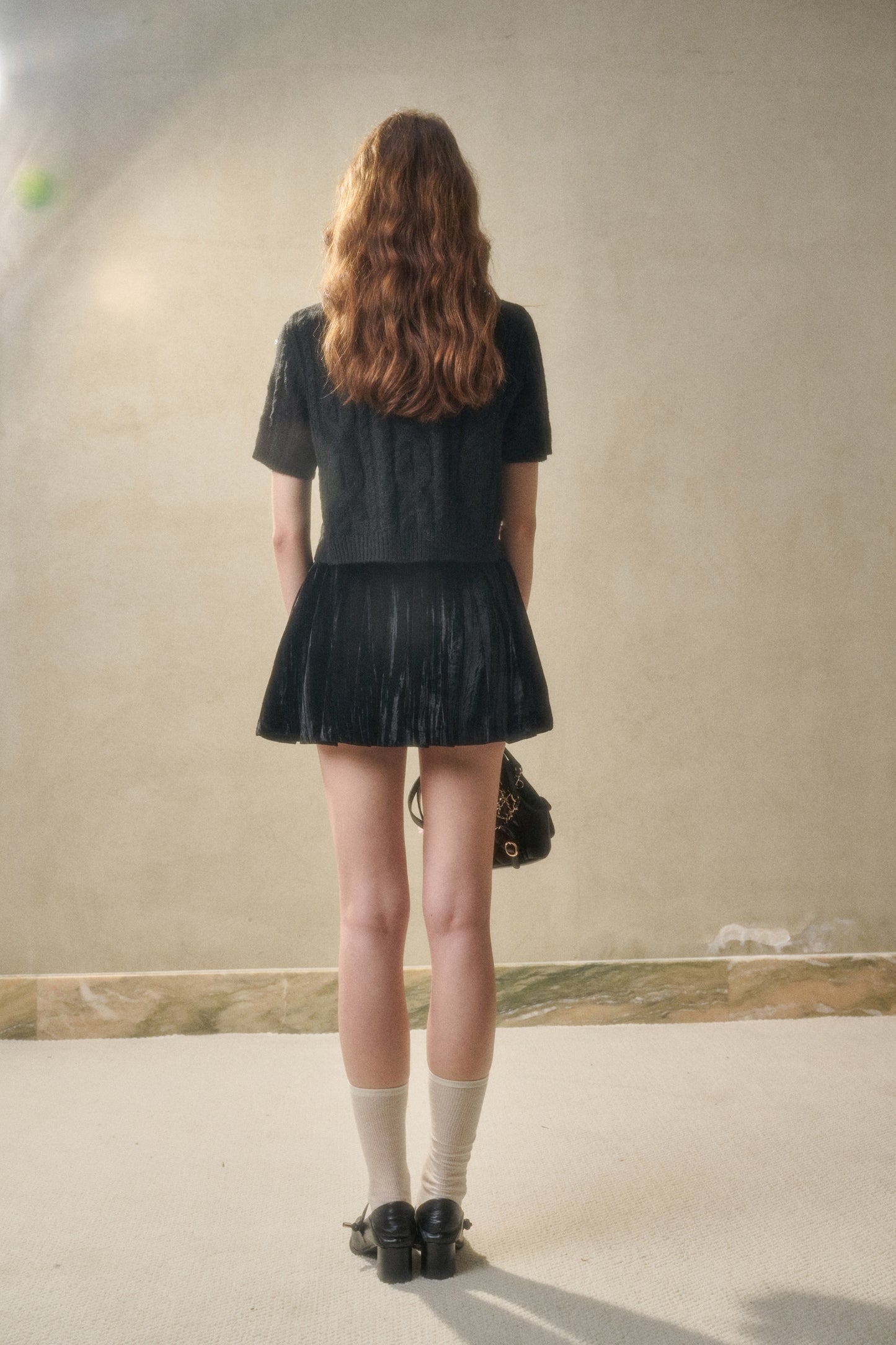 Cable Knit Short-Sleeve Top With Pearl Beads