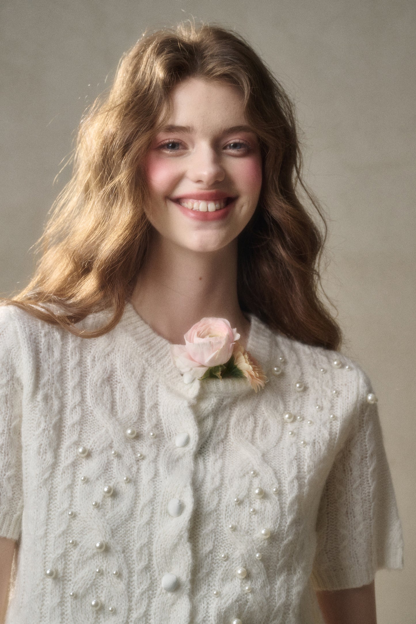 Cable Knit Short-Sleeve Top With Pearl Beads