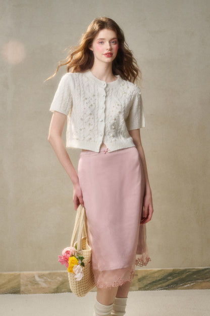 Cable Knit Short-Sleeve Top With Pearl Beads