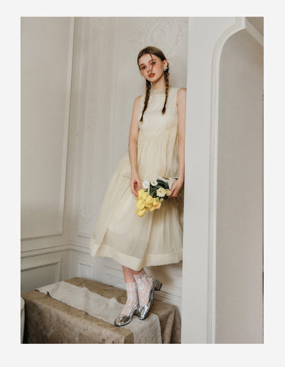 Frilled Neck Sleeveless Tiered Sheer Dress