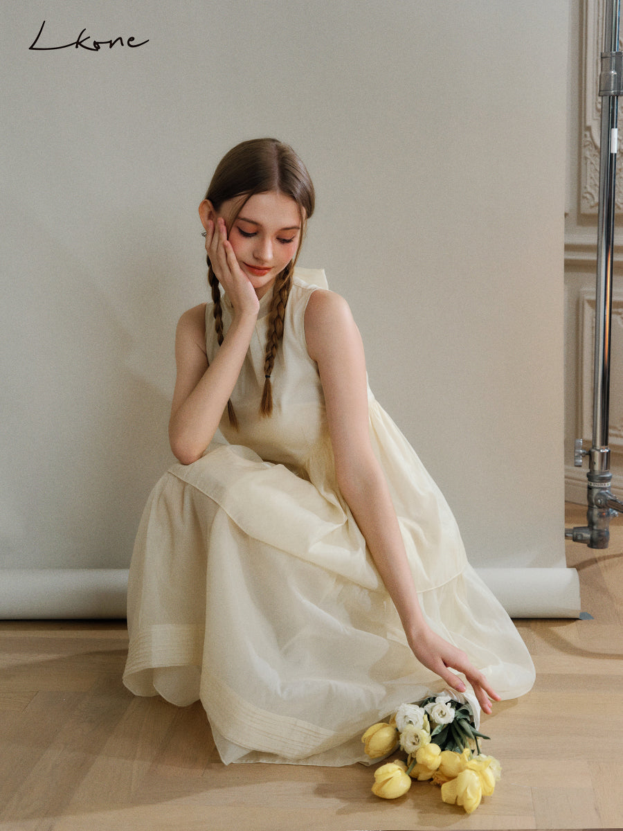 Frilled Neck Sleeveless Tiered Sheer Dress