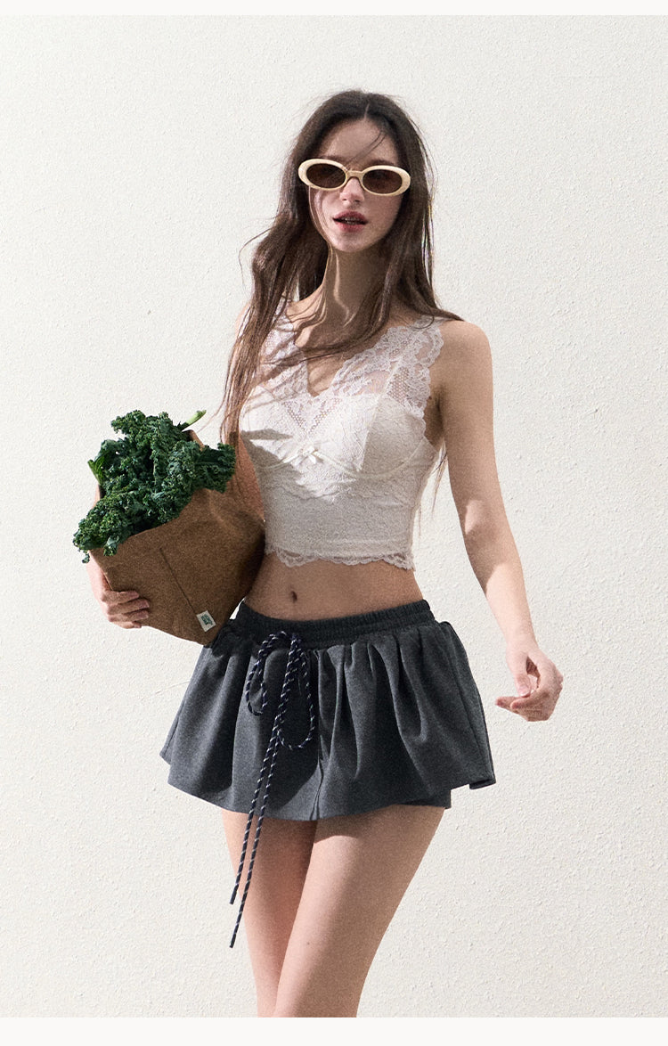 Drawstring Waist Mini Flare Skirt With Inner Shorts