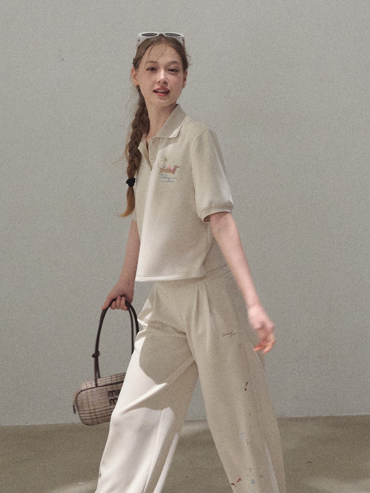 Puff-Sleeve Polo Shirt With Dog Motif