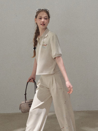 Puff-Sleeve Polo Shirt With Dog Motif