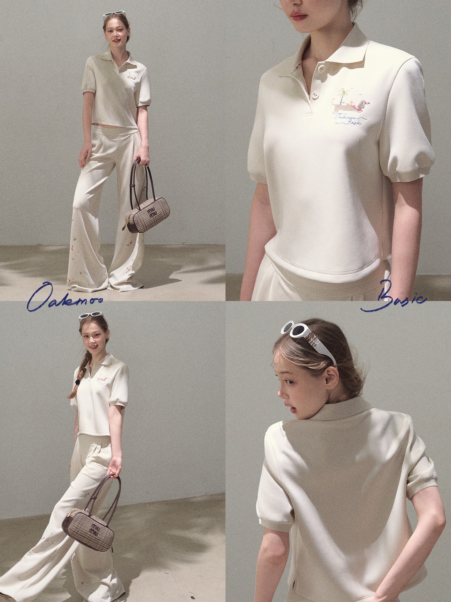 Puff-Sleeve Polo Shirt With Dog Motif