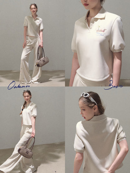 Puff-Sleeve Polo Shirt With Dog Motif