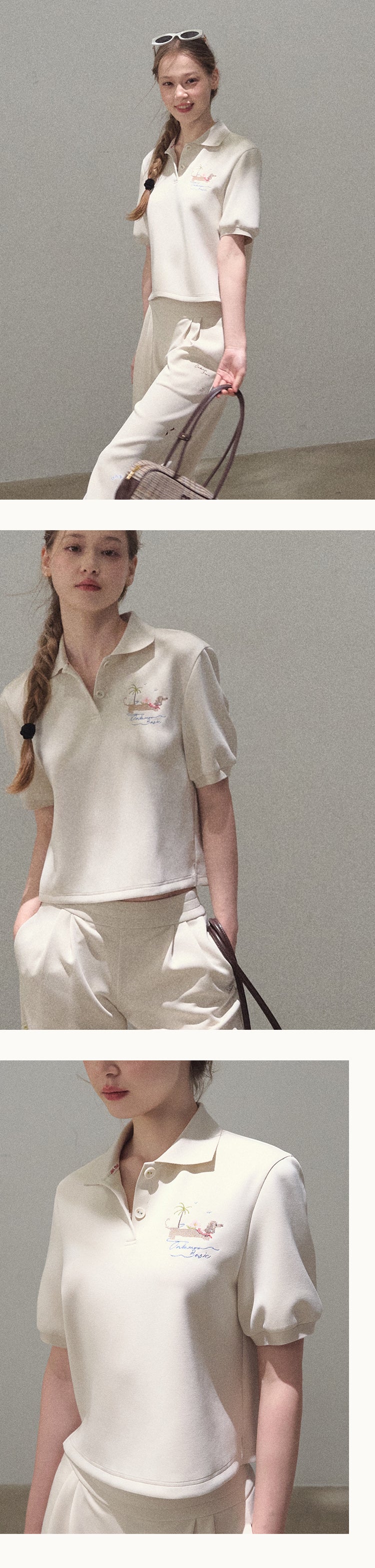 Puff-Sleeve Polo Shirt With Dog Motif