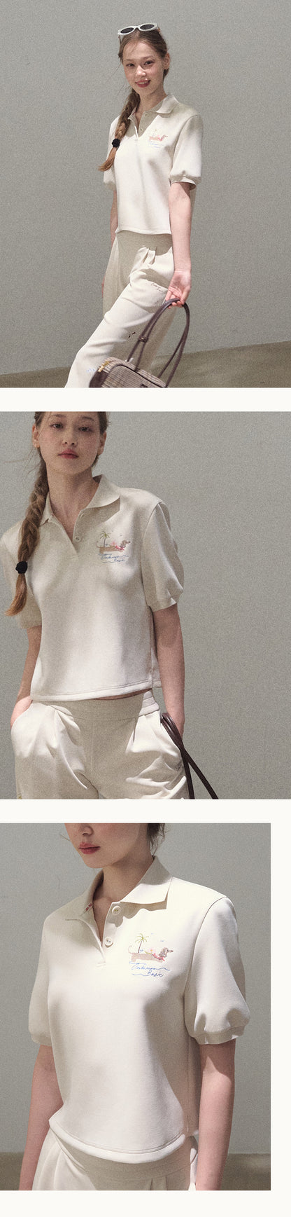 Puff-Sleeve Polo Shirt With Dog Motif