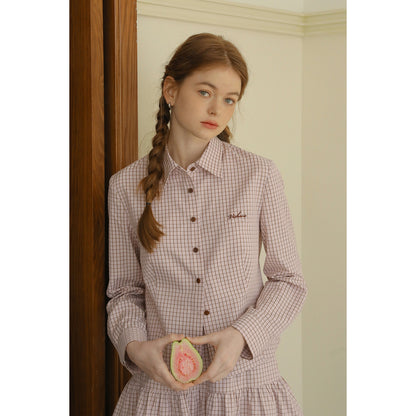 Grid-Pattern Embroidered Shirt & Tiered Mini Skirt