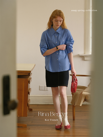 Back-Slit Round Hem Button-Up Shirt