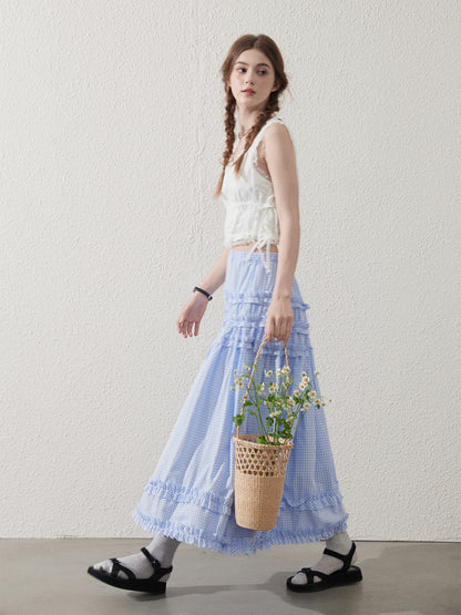Lace Trimmed Sleeveless Ruched Crop Top
