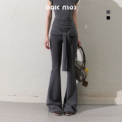 Slim Fit Tie Waist Flared Knit Pants