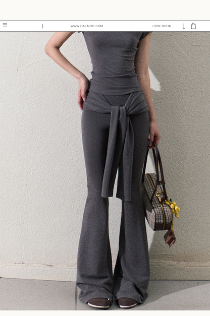 Slim Fit Tie Waist Flared Knit Pants
