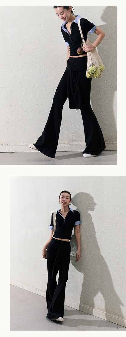 Slim Fit Tie Waist Flared Knit Pants
