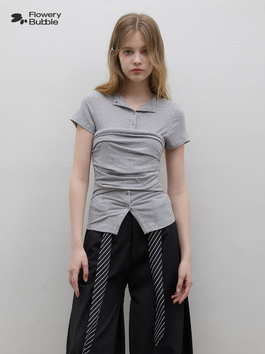 Layered Style Ruched Button-Up Top