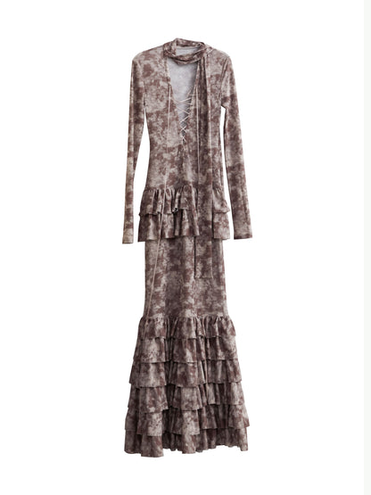 Lace-Up Maxi Dress With Ruffled Hem