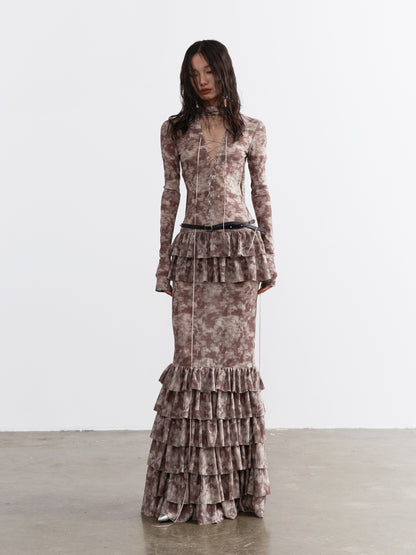Lace-Up Maxi Dress With Ruffled Hem