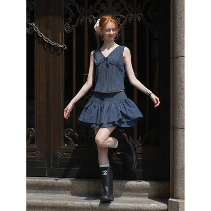 Sleeveless V-Neck Blouse & Double-Layer Yoke Skirt