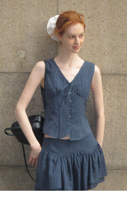 Sleeveless V-Neck Blouse & Double-Layer Yoke Skirt