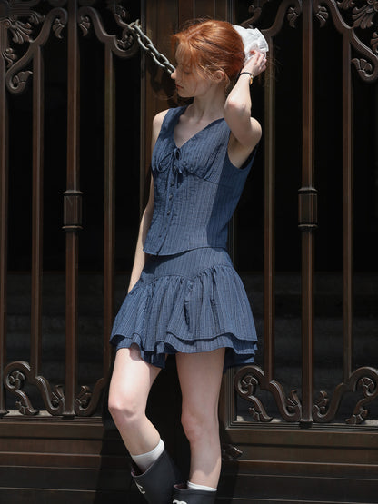 Sleeveless V-Neck Blouse & Double-Layer Yoke Skirt