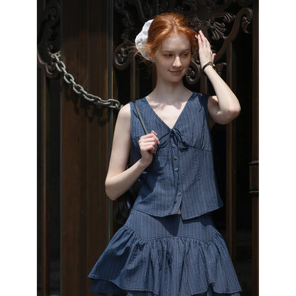 Sleeveless V-Neck Blouse & Double-Layer Yoke Skirt