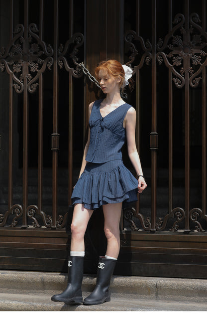 Sleeveless V-Neck Blouse & Double-Layer Yoke Skirt