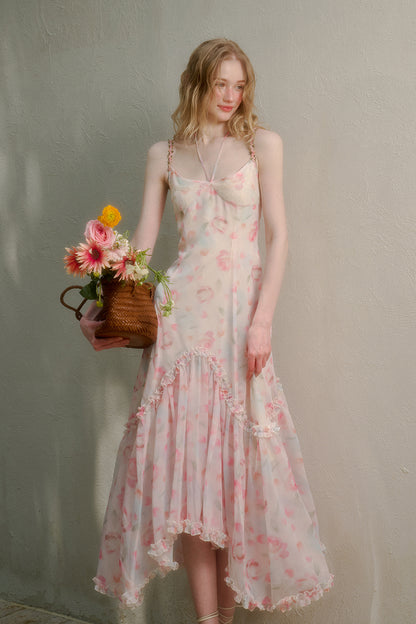 Floral Ruffle-Trimmed Cami Dress With Halter Strap