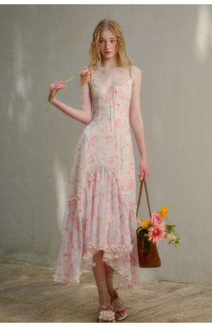 Floral Ruffle-Trimmed Cami Dress With Halter Strap
