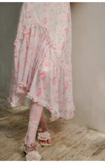 Floral Ruffle-Trimmed Cami Dress With Halter Strap