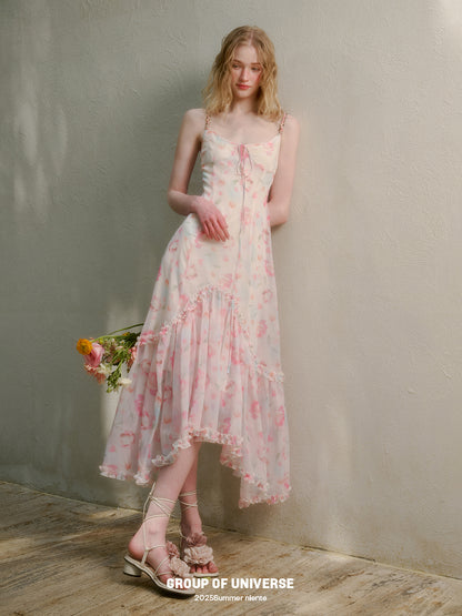 Floral Ruffle-Trimmed Cami Dress With Halter Strap