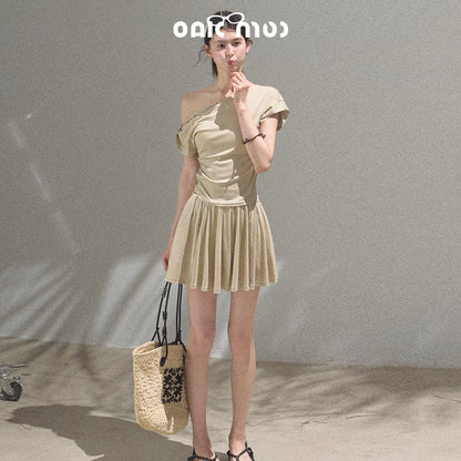Beaded Strap One-Shoulder Top And Draped Skirt