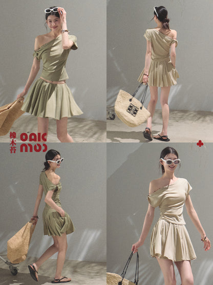 Beaded Strap One-Shoulder Top And Draped Skirt