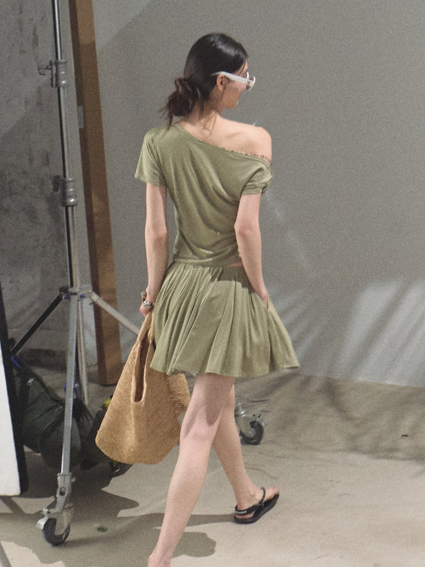 Beaded Strap One-Shoulder Top And Draped Skirt