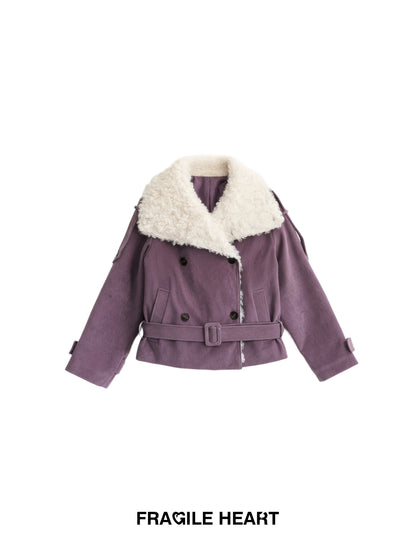 Belted Faux Suede Rider Jacket With Fur Collar