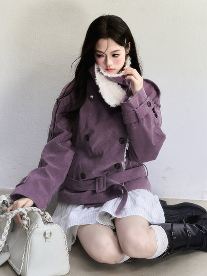 Belted Faux Suede Rider Jacket With Fur Collar