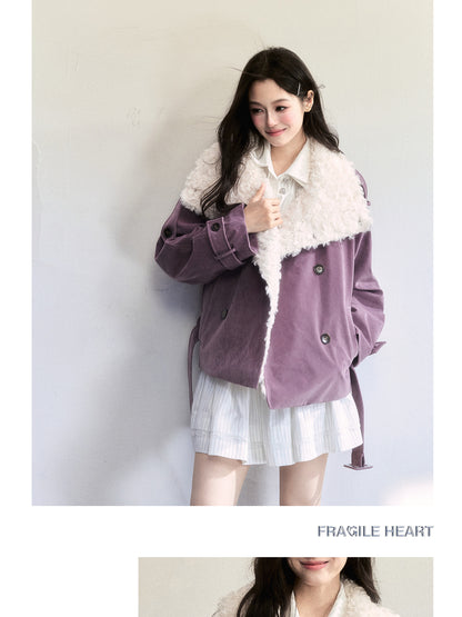 Belted Faux Suede Rider Jacket With Fur Collar