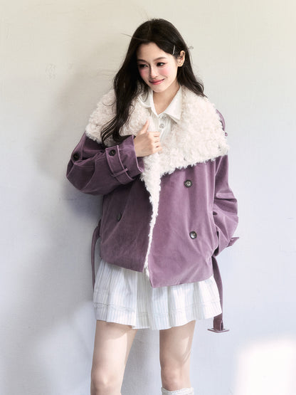 Belted Faux Suede Rider Jacket With Fur Collar